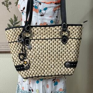 Brighton Natural Woven Straw Tote with Black Trim and Charms